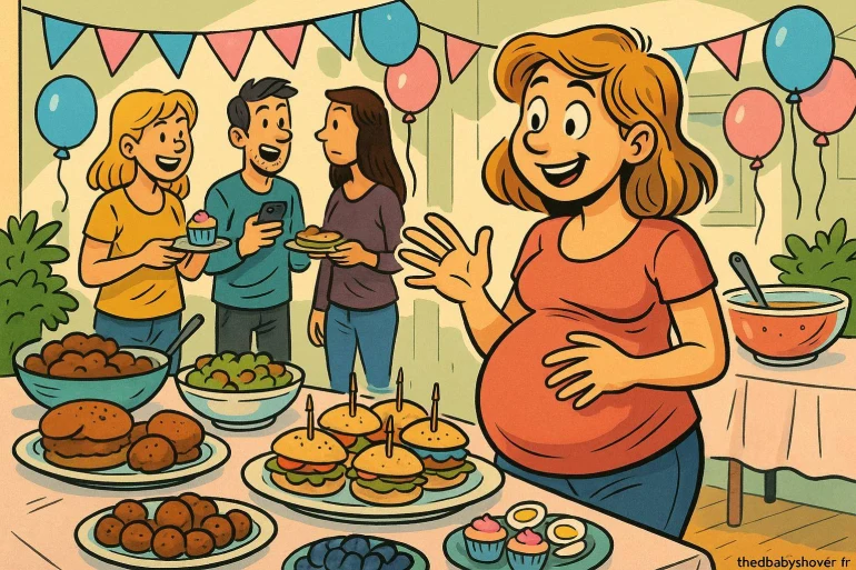 Femme enceinte fête avec amis buffet