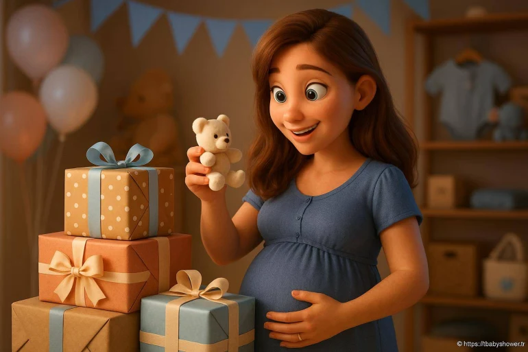 Femme enceinte souriante avec peluche