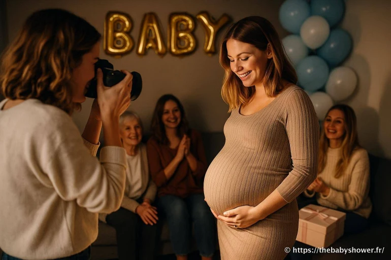 Femme enceinte souriante fĂȘte baby shower