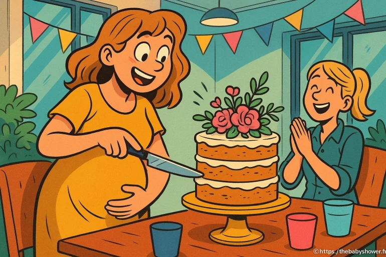 Femme enceinte coupe gâteau fête baby shower