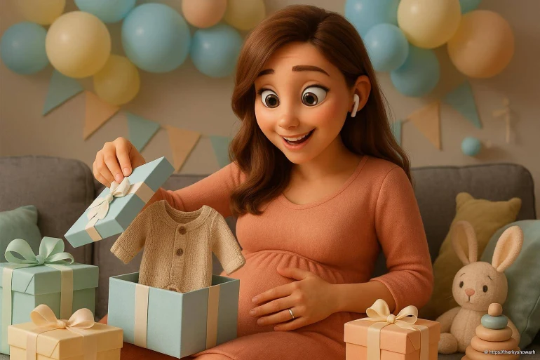 Femme enceinte ouvrant cadeau layette