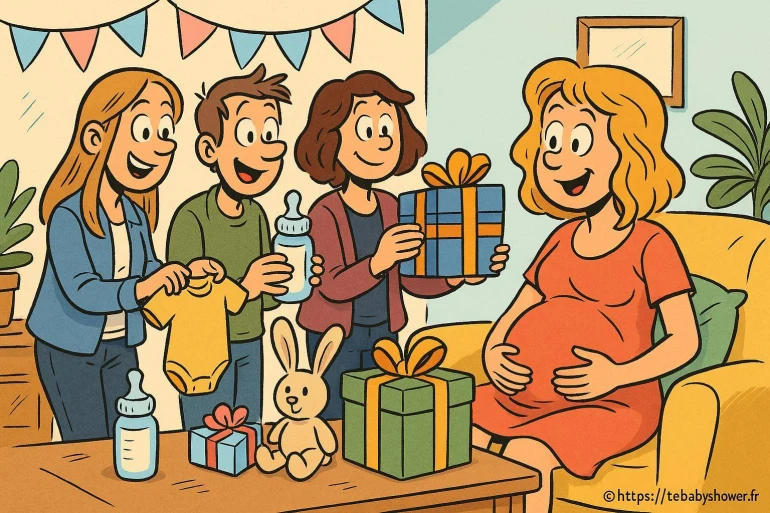 Fête prénatale avec cadeaux et amis