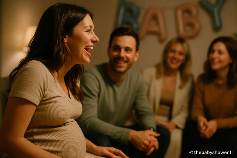 Femme enceinte riant lors d'une baby shower