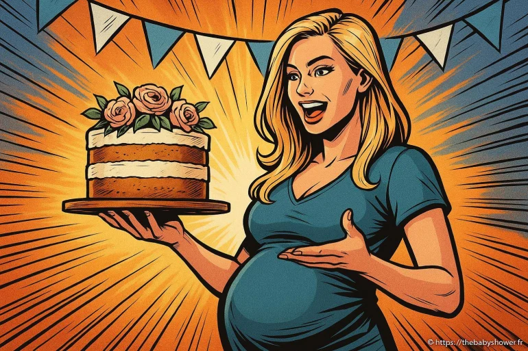 Femme enceinte tenant un gâteau décoré