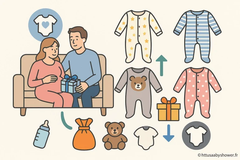 Couple enceinte avec cadeaux et vêtements bébé