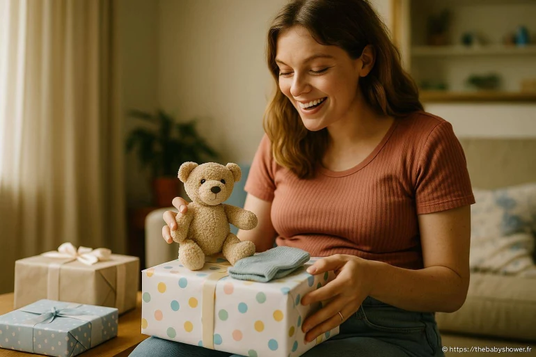 Femme souriante avec cadeau naissance