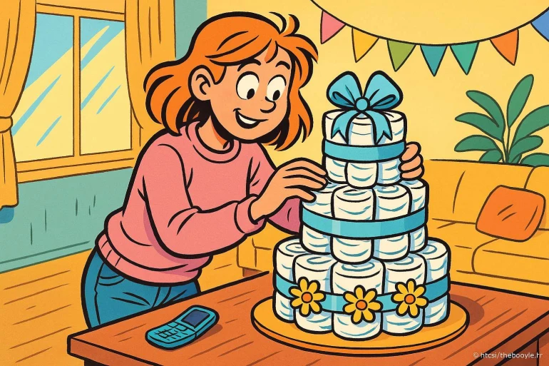Femme préparant gâteau de couches décoré