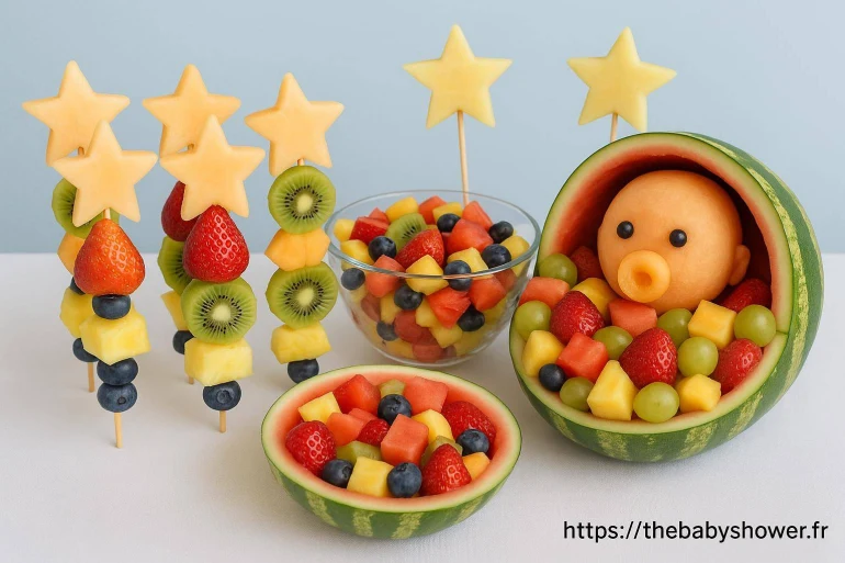 Présenter les fruits de façon créative pour une baby shower : brochettes, salades et sculptures fruitées