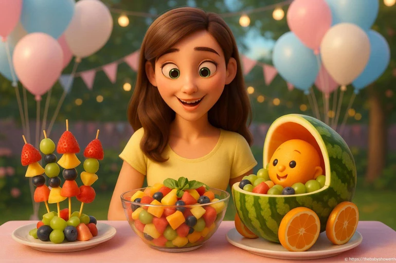 Fille heureuse avec fruits décoratifs colorés