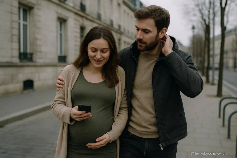 Couple enceinte marchant en ville