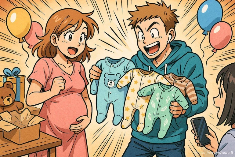 Couple heureux avec vêtements bébé