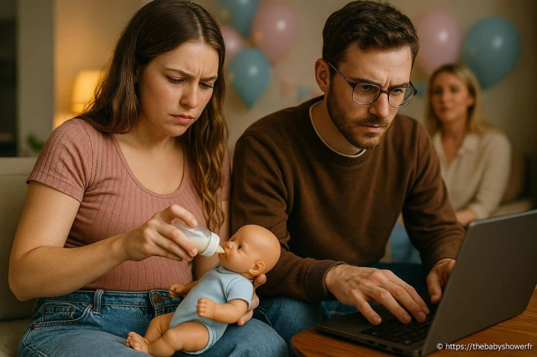 Jeune couple stressé s'entraîne avec poupée