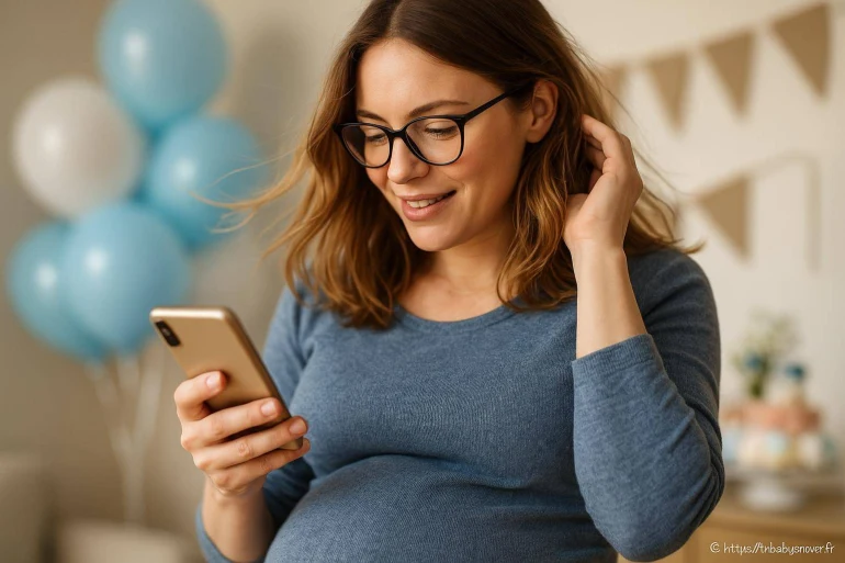 Femme enceinte souriante regardant smartphone
