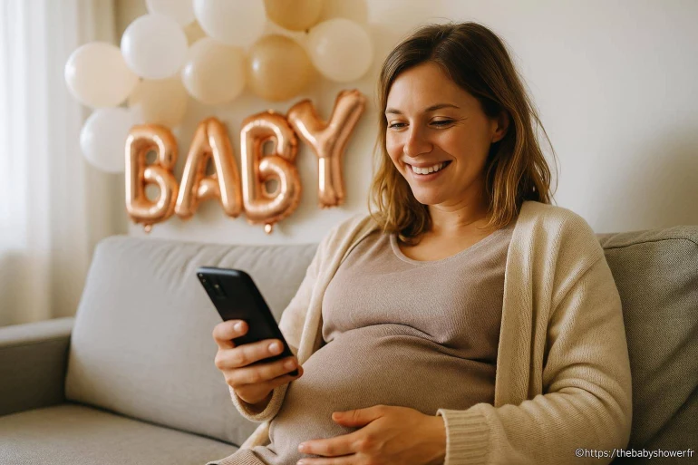 Femme enceinte souriante avec smartphone