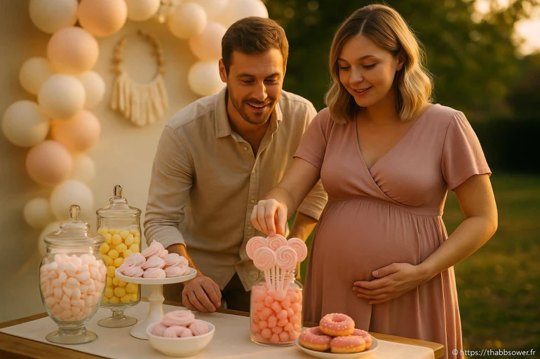 Couple préparant une fête prénatale douce