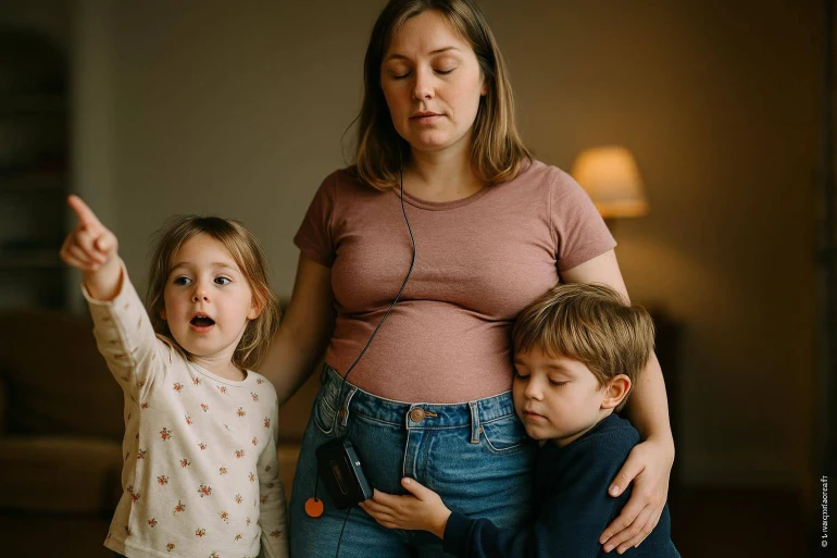 Femme enceinte avec enfants câlins
