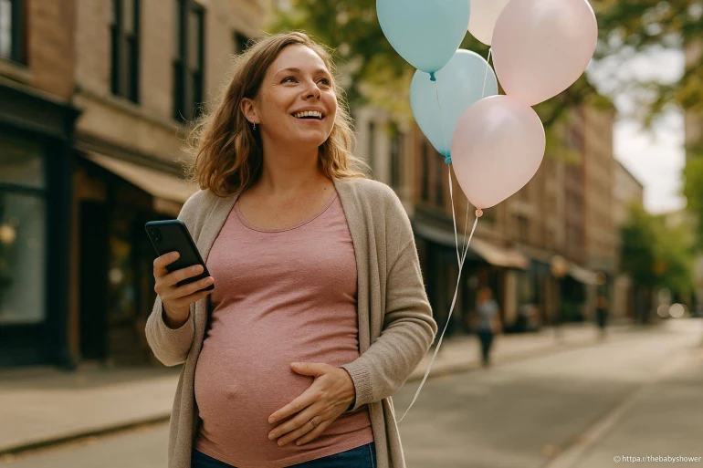 Femme enceinte souriante avec ballons pastel