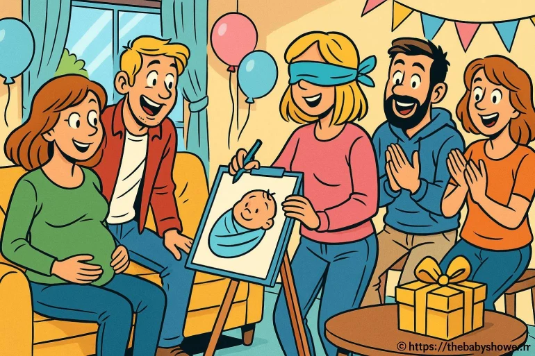 Femme enceinte jeu dessin bébé yeux bandés