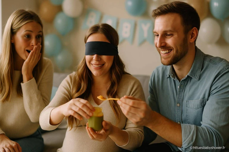 Femme enceinte goûtant purée bébé les yeux bandés