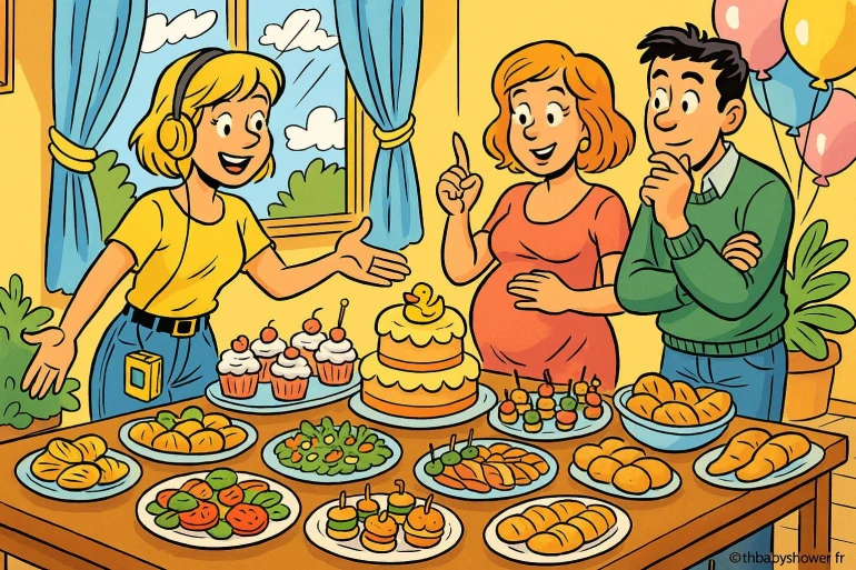 Fête baby shower avec gâteau et invités