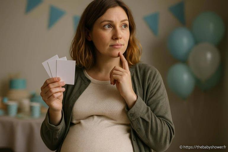 Femme enceinte réfléchissant avec cartes