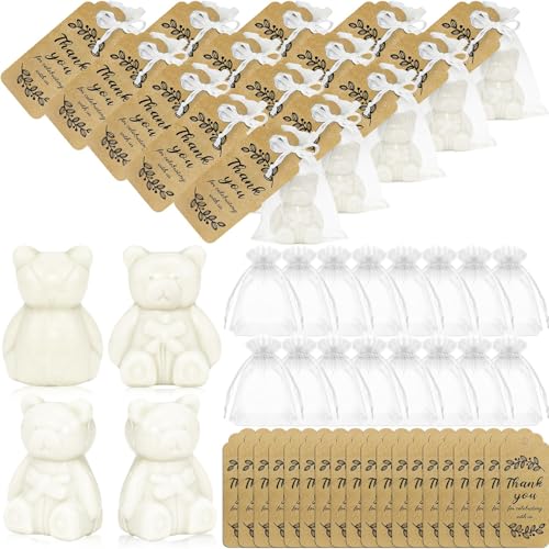 Lot de 50 Savons Ourson pour Baby Shower - Cadeau Invité Naissance, Baptême, Gender Reveal - Mini Savons en Forme d'Ours Blanc Parfumés avec Cartes de Remerciement et Sachets
