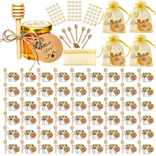 Hapneyea 60 Pack 1.5 OZ hexagonal pot de miel en verre avec cuillère en bois, pendentif abeille, sac cadeau en or, carte de remerciement, Jutes - parfait pour les cadeaux de bébé, mariages et fêtes