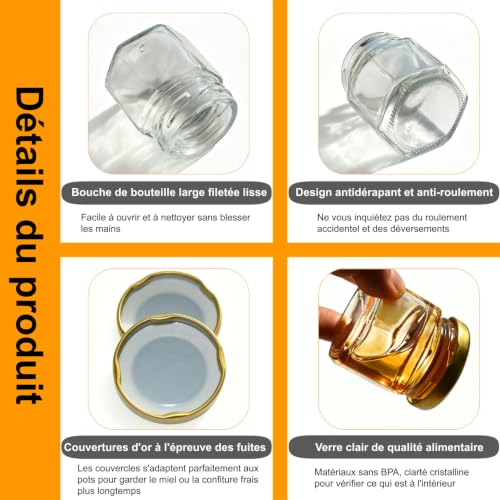 Hapneyea 60 Pack 1.5 OZ hexagonal pot de miel en verre avec 