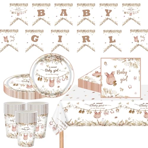 MOMAHUA 63 Pièces Vaisselles Fête Baby Shower Fille, Rose Se